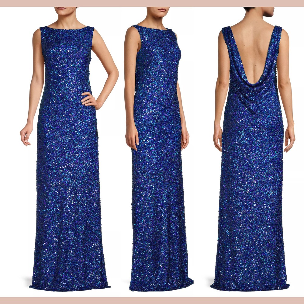 NWT $750 Sachin & Babi [ 12 ] Mariah Open-Back‎ Sequin Gown Cobalt Blue #J1450